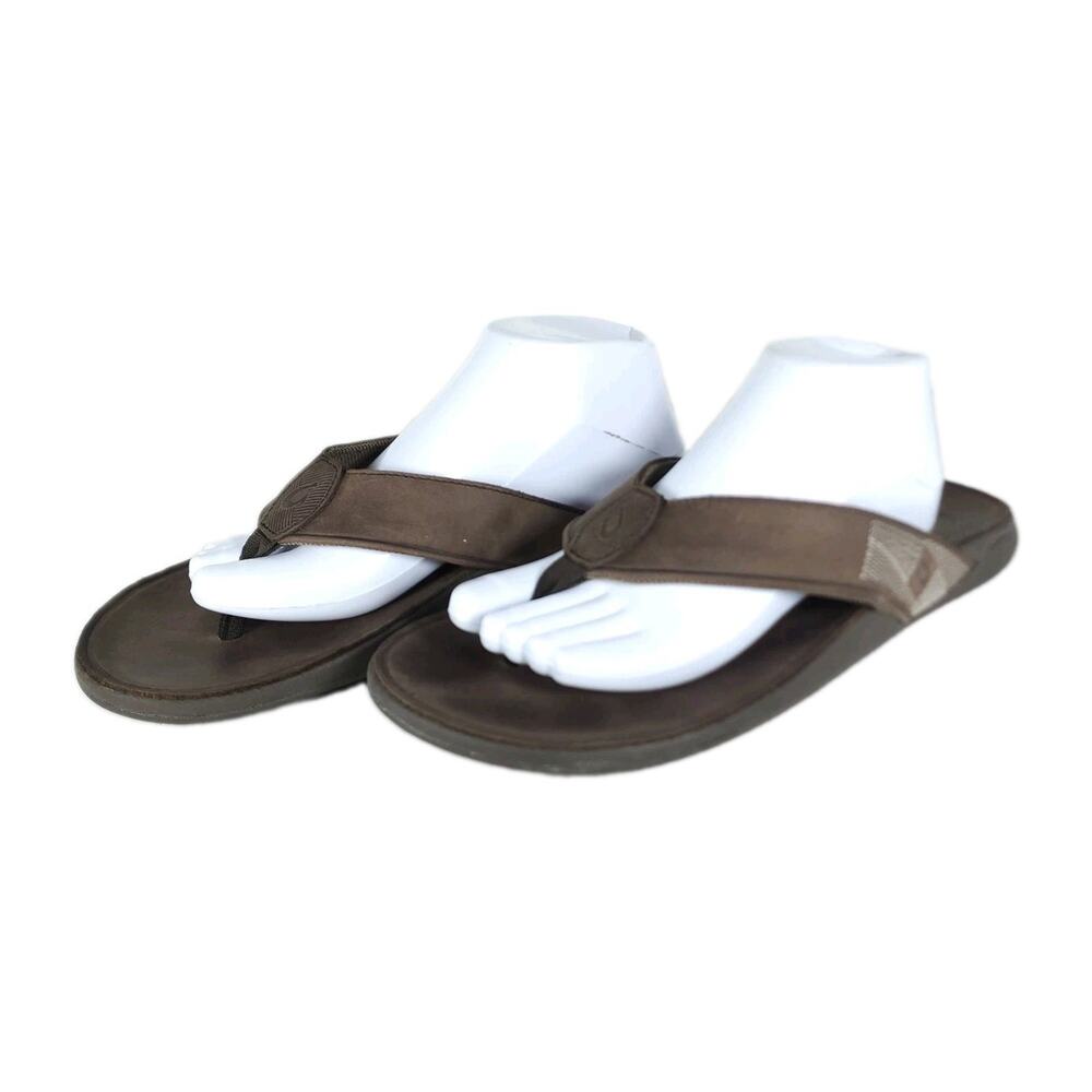 Olukai Men's Tuahine US12 Brown Leather Waterproof Flat Thong Sandals